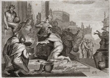 Bibbia di Royaumont, Antico Testamento: Caduta di Salomone. Salomone è corrotto dalle donne e offre incenso agli idoli dei falsi dèi. La sua morte. Illustrazione del 1811.