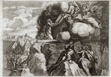 Bibbia di Royaumont, Antico Testamento: Prime Tavole della Legge. Dio dà la Legge al suo popolo sul Monte Sinai. Mosè riceve i 10 Comandamenti dalle mani di Dio. Illustrazione del 1811.