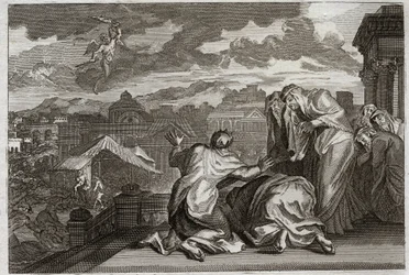 Bibbia di Royaumont, Antico Testamento: Flagello della Peste. E Davide, avendo fatto il censimento di tutto il suo popolo per vanità, Dio affligge il suo regno con una pestilenza che uccide settantamila uomini in tre giorni. Illustrazione del 1811.