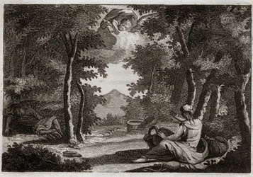 Bibbia di Royaumont, Antico Testamento: Fuga di Agar. Agar (Agar) racconta a Sara (Sara) la sua padrona. Sara la rimprovera con severità. Agar non può sopportarla e fugge dalla casa nel deserto, dove un angelo le parla per riportarla da Sara.