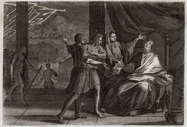 Bibbia di Royaumont, Antico Testamento: Amici di Giobbe. Giobbe invece di essere consolato da tre Principi, suoi amici, che vengono a trovarlo, riceve solo dolore perché volevano farlo sembrare colpevole. Illustrazione del 1811.