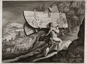 Bibbia di Royaumont, Antico Testamento: Porte di Gaza. Sansone, rinchiuso a Gaza, strappa le porte della città. Illustrazione del 1811.