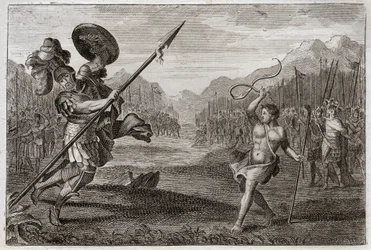 Bibbia di Royaumont, Antico Testamento: Gigante Golia. Golia, filisteo di grandezza prodigiosa, viene sconfitto da Davide, armato solo di una fionda e di un bastone. Illustrazione del 1811.