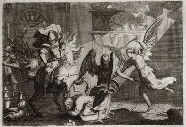 Bibbia di Royaumont, Antico Testamento: Eliodoro cacciato dal tempio. Eliodoro, inviato dal suo sovrano a saccheggiare il Tempio di Gerusalemme, fu battuto con verghe dagli angeli. Illustrazione del 1811.