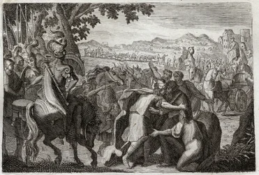 Bibbia di Royaumont, Antico Testamento: Giacobbe va in Egitto. Giacobbe va a trovare Giuseppe con tutta la sua famiglia. Illustrazione del 1811.