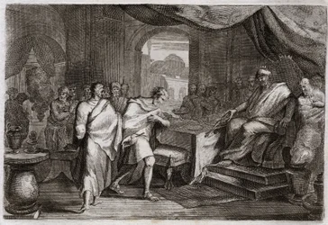 Bibbia di Royaumont, Antico Testamento: Gioachino liberato dalle catene. Evilmerodach, re di Babilonia, dopo la morte di Nabucodonosor II, libera Gioachino, ex re di Giuda, dalle catene e lo fa sedere sul trono. Illustrazione del 1811.
