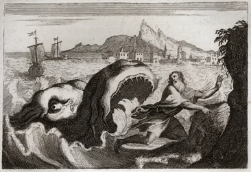 Bibbia di Royaumont, Antico Testamento: Giona nella balena. Il profeta Giona vive in una balena e ne esce vivo. Illustrazione del 1811