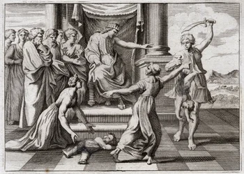 Bibbia di Royaumont, Antico Testamento: Giudizio di Salomone. Il famoso giudizio di Salomone tra due donne, per riconoscere quale delle due fosse la madre di un bambino, che entrambe affermavano essere suo. Illustrazione del 1811.