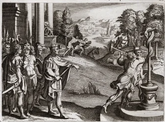 Bibbia di Royaumont, Antico Testamento: Re Ezechia. Ezechia, re di Giuda, si dedica al culto di Dio e distrugge gli idoli che il suo popolo adorava prima di diventare re. Illustrazione del 1811