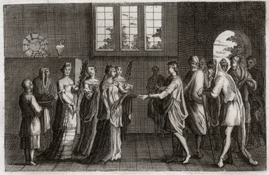 Bibbia di Royaumont, Antico Testamento: Matrimonio di Isacco. Isacco, figlio di Abramo, sposa Rebecca. Illustrazione del 1811