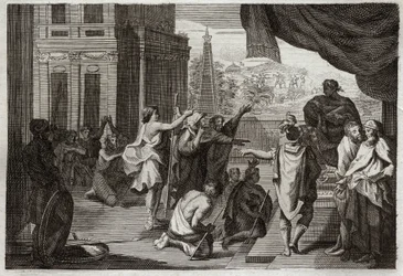 Bibbia di Royaumont, Antico Testamento: Mosè davanti al Faraone. Mosè chiede al Faraone di lasciare che gli Ebrei vadano nel deserto a sacrificare al Signore. Illustrazione del 1811.