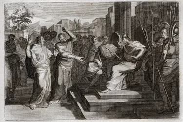 Bibbia di Royaumont, Antico Testamento: Pietà di Giosafat. Giosafat, il più pio re di Giuda, fa tremare tutti i principi che lo circondano, e testimonia in vari modi la sua pietà verso Dio, che lo rende vittorioso sui suoi nemici. Illustrazione del 1811