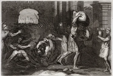 Bibbia di Royaumont, Antico Testamento: Predizione di Eliseo. Un signore di Samaria, avendo frainteso le parole di Eliseo, viene calpestato ai suoi piedi. Illustrazione del 1811.