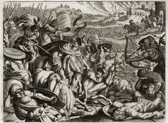 Bibbia di Royaumont, Antico Testamento: Punizione dei Beniaminiti. La tribù di Beniamino viene sterminata. Illustrazione del 1811.