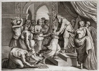 Bibbia di Royaumont, Antico Testamento: Regina di Saba. La Regina di Saba viene da Salomone per ascoltare la sua saggezza e offrirgli doni. Illustrazione del 1811.
