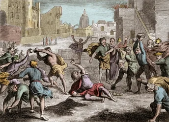 Bibbia di Royaumont, Antico Testamento: Rappresentazione dello scisma di Roboamo che divise il regno di Israele dopo la morte di Salomone - il suo popolo invia deputati a Roboamo suo figlio, che, preferendo il consiglio dei giovani a quello degli anziani, 