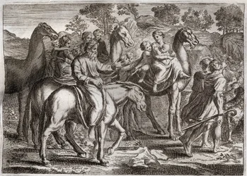 Bibbia di Royaumont, Antico Testamento: Ritorno di Giacobbe. Il ritorno di Giacobbe nella terra di Canaan con le sue mogli, Rachele e Lea, e i suoi figli. Illustrazione del 1811