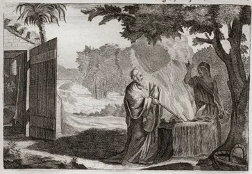 Bibbia di Royaumont, Antico Testamento: Sacrificio di Gedeone. Gedeone è chiamato da Dio a liberare gli Ebrei dai loro nemici. Offre un sacrificio su una pietra, dalla quale esce un fuoco che lo consuma. Illustrazione del 1811