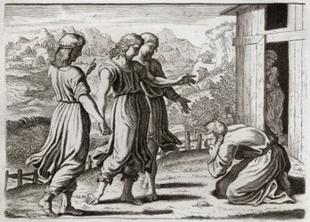 Bibbia di Royaumont, Antico Testamento: Sara concepisce Isacco. Abramo riceve tre angeli che promettono a Sara (Sarah) che avrà un figlio entro un anno. Illustrazione del 1811.
