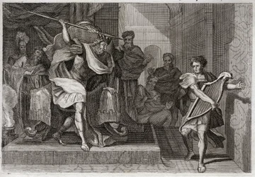 Bibbia di Royaumont, Antico Testamento: Saul vuole uccidere Davide. Saul pieno di rabbia e invidia contro Davide, vuole trafiggerlo con la sua lancia mentre suonava l