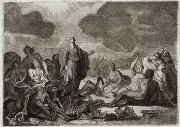Bibbia di Royaumont, Antico Testamento: Seconda visione di Ezechiele. La visione che il profeta Ezechiele ebbe di diverse ossa tutte secche che presero forma umana. Illustrazione del 1811