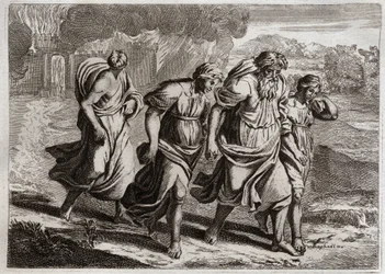 Bibbia di Royaumont, Antico Testamento: Sodoma bruciata. Dio irritato dai crimini abominevoli di Sodoma, la brucia con le altre città vicine, con una pioggia di fuoco e zolfo che brucia dal cielo (Lot, le sue figlie e sua moglie fuggono dalla città). Illus