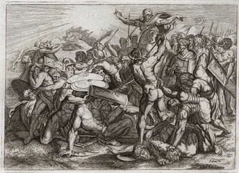 Bibbia di Royaumont, Antico Testamento: Sole fermo. Giosuè inseguendo i suoi nemici amorrei (amorriti) fa fermare il Sole, così da avere più tempo per sconfiggerli. Illustrazione del 1811.
