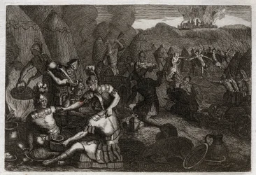 Bibbia di Royaumont, Antico Testamento: Ladri di Siceleg. Alcuni Amaleciti vengono a saccheggiare Siceleg in assenza di Davide. Illustrazione del 1811.