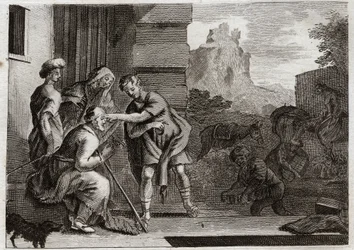 Bibbia di Royaumont, Antico Testamento: Tobia recupera la vista. Il giovane Tobia ridà la vista a suo padre passando sui suoi occhi il fiele del pesce che aveva pescato su consiglio dell