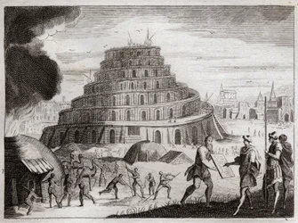 Bibbia di Royaumont, Antico Testamento: Torre di Babele. Gli uomini vogliono per vanità costruire una torre fino al cielo. Dio impedisce questo lavoro confondendo le loro lingue in modo che non possano più capirsi. Illustrazione del 1811.