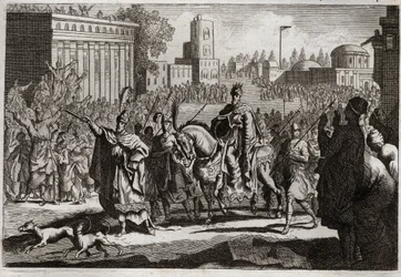 Bibbia di Royaumont, Antico Testamento: Trionfo di Mardocheo. Aman è costretto dal re a proclamare il trionfo di Mardocheo, suo nemico, in tutta la città di Susa. Illustrazione del 1811.