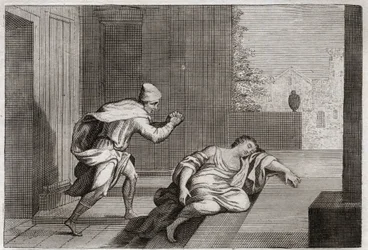 Bibbia di Royaumont, Antico Testamento: Donna del Levita oltraggiato. La moglie del Levita fu trovata morta alla porta dopo essere stata abusata da delinquenti. Illustrazione del 1811