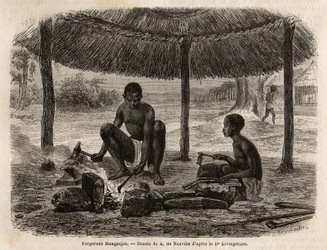 Fabbro manganjas (gruppo etnico della regione dello Zambeze). Incisione per illustrare i primi viaggi del Dr. Livingstone in Africa meridionale dal 1840 al 1856, in 