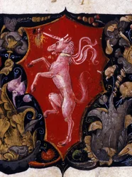 Blasone che decora un unicorno su sfondo rosso. Dettaglio di una miniatura. XV secolo