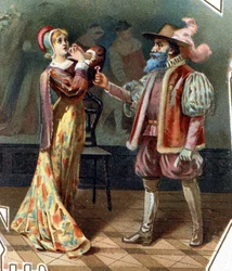 Barbablù. Racconto di Charles Perrault. 1697. Cromolitografia della fine del XIX secolo. Adesivo «A buon mercato». «Barbablù interroga sua moglie, che tentò di entrare nel gabinetto dove furono assassinate le mogli di Barbablù.»
