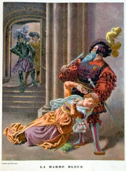 Barbablù (sorpreso mentre prende una donna per i capelli). Illustrazione del XIX secolo.