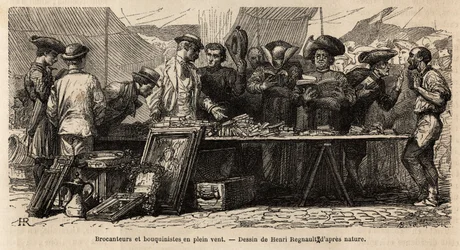 Librai e rigattieri al vento, vicino a Piazza Montanara, sotto una tenda allestita, amatori e chierici si contendono un bric-à-brac di antichità, alcuni leggono lì, altri contrattano con gesti. Incisione per illustrare il viaggio a Roma, di Francis Wey, ne