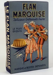Scatola del prodotto "Flan Marquise: Deliziosi dolci al cucchiaio", s.d. XIX secolo