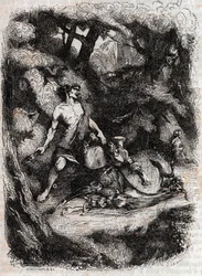 Bradamante abbattuta da un gigante - incisione del 1851 da "Orlando furioso" (XVI secolo) di Ludovico Ariosto, noto come l