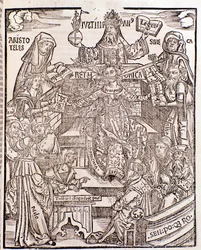 Rami della conoscenza rappresentati da Aristotele (in alto a sinistra) rappresenta la Filosofia Naturale, con Seneca che rappresenta la Filosofia Morale a destra, l