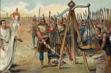 Brenno mette la sua spada nella bilancia, 390 a.C.: saccheggio di Roma da parte dei Galli guidati dal loro capo Brenno. Di fronte alla resistenza dei Romani, Brenno accettò di trattare con il tribuno militare romano Quinto Sulpicio: lasciò Roma in cambio d