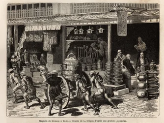 Negozio di bronzi a Yedo (o Edo, odierna Tokyo), specialità della città, che presenta oggetti di culto buddista: campane, gong, tamburi, vasi, candelabri, incensi e statue, ma anche oggetti meno rituali come lattine di sake, lampade, bracieri e altri ogget