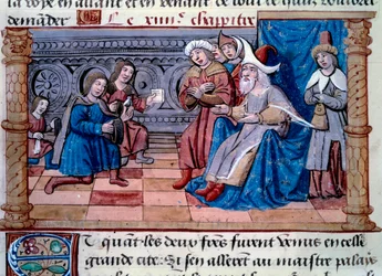 I fratelli Nicolo e Matteo Polo, padre e zio del giovane Marco Polo (1254-1324) ricevuti alla corte del Gran Qubilai (Kubilai Khan, primo imperatore della dinastia mongola Yuan (1215-1294), imperatore mongolo nel 1271