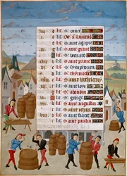 Calendario: Agosto - Fabbricazione di botti di vino - Miniatura del Maestro Jean de Rolin (15° secolo) da 