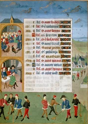 Calendario: febbraio, i diversi giochi: una specie di cricket, i combattimenti di galli. Miniatura del Maestro di Jean Rolin dal manoscritto Le Ore di Adelaide di Savoia, Duchessa di Borgogna