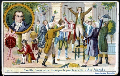 Camille Desmoulins arringa il popolo e grida "Alle armi!" - cromolitografia, fine XIX secolo