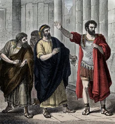 Camillo in esilio - Antichità Romana: Generale e statista Camillo (Marco Furio Camillo, 446-365 a.C.) in esilio per l