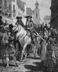 Guerra dei camisardi (1702-1704): un cattolico cerca di toccare il capo dei camisardi, Jean Cavalier (1681-1740). Nîmes, Gard (30). Incisione del XIX secolo. In «Storia di Francia» di Jules Michelet