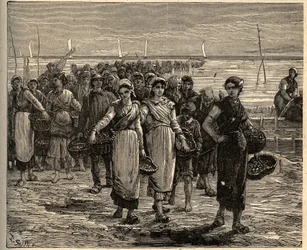 Cancale - Bretagna - Le cancalaises al ritorno delle barche da pesca - incisione in "PATRIE - DESCRIZIONE PITTORESCA DELLA FRANCIA IN 6 VOLUMI BY LUCIEN HUARD - fine XIX secolo