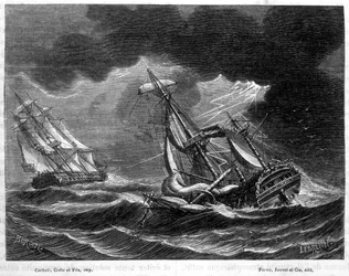 La nave del Capitano Cook risparmiata grazie al suo parafulmine, vicino a una nave olandese colpita da un fulmine - in "Le meraviglie della scienza" di Louis Figuier